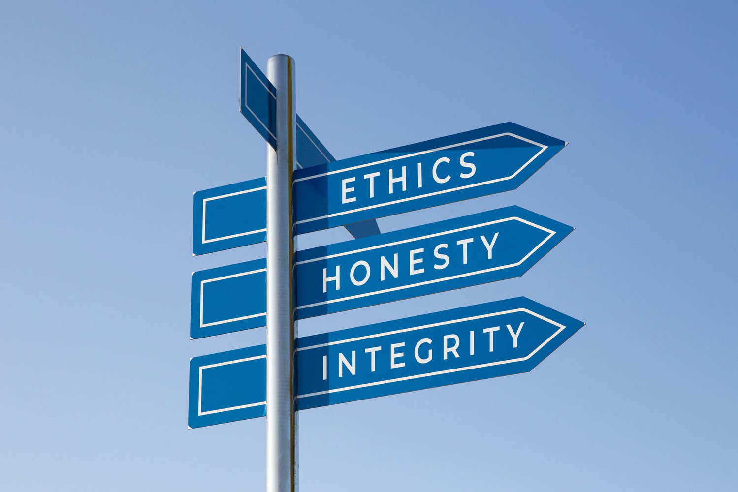 Ethics Honesty Integrity Words on Signpost Isolated on Sky Background